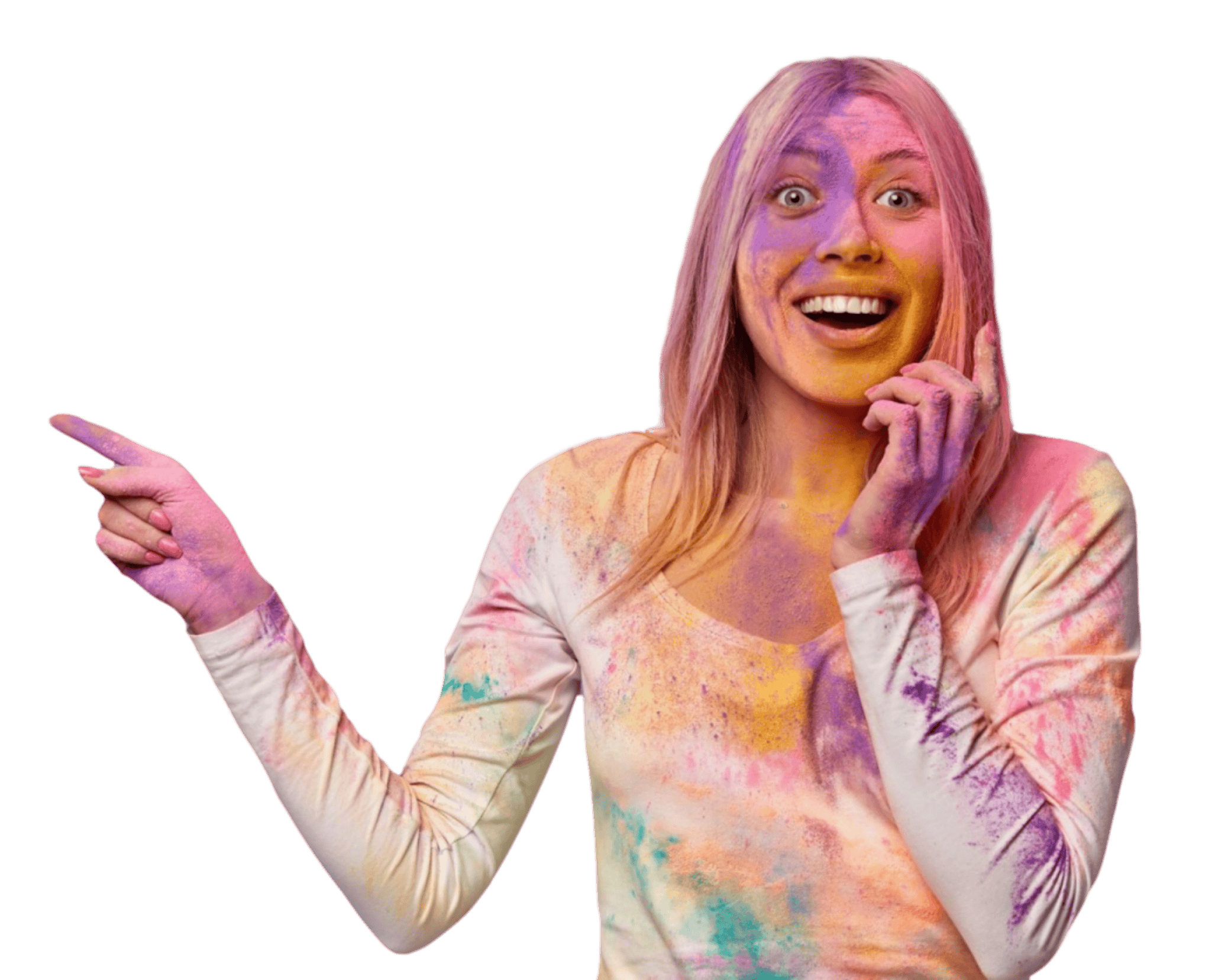 A lady covered in bright coloured powder